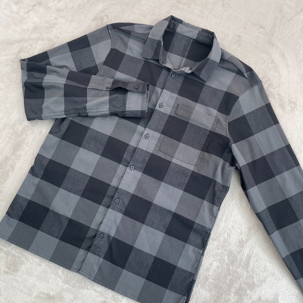 Lululemon‎ Masons Peak Flannel Shirt Men Large Black Grey Buffalo Plaid $118